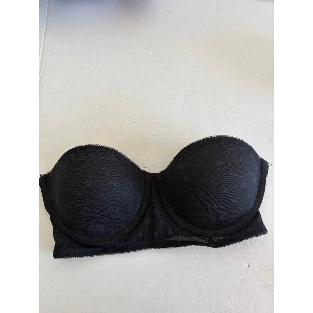 Tommy Hilfiger Black Monogram Mesh Strapless Underwire Bra 34C RLF0852